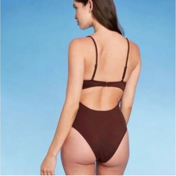 Shade & Shore Brown Plunge Tie-Front One Piece Swimsuit Size Medium - Picture 2 of 9